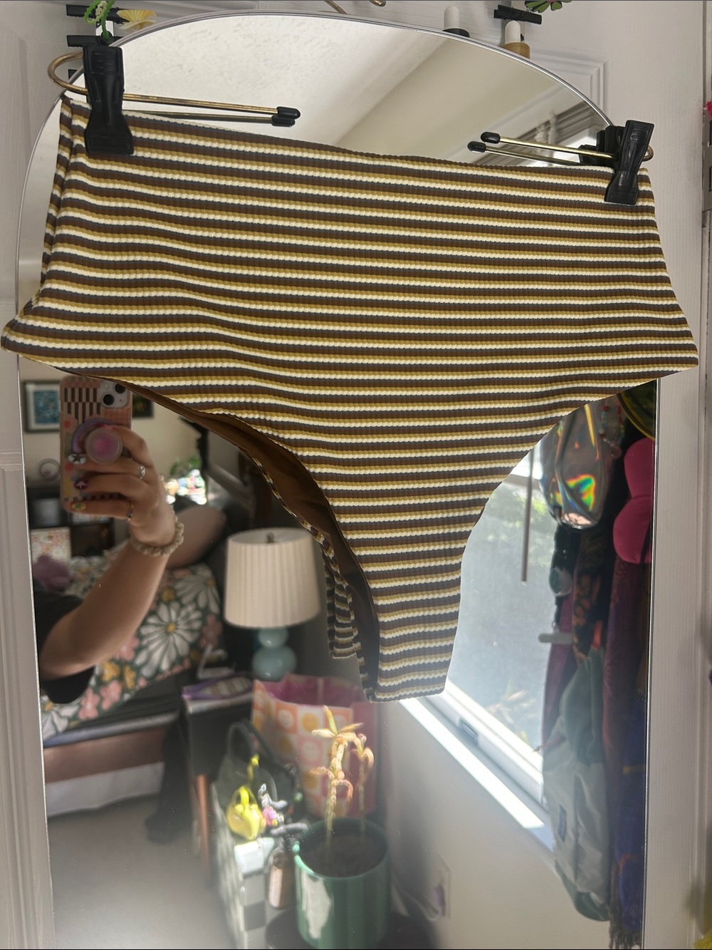 Ribbed High-Waist Bikini Bottoms in Mustard and White Stripe